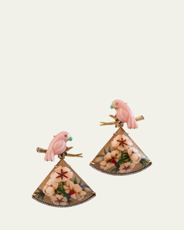 18K Yellow Gold Marquetry Earrings with Diamonds and Light Pink Stones