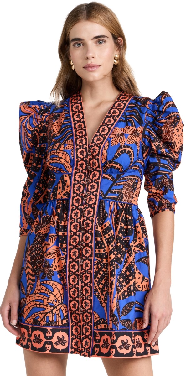 FARM Rio Tropical Gold Blue Short Sleeve Mini Dress TROPICAL GOLD BLUE