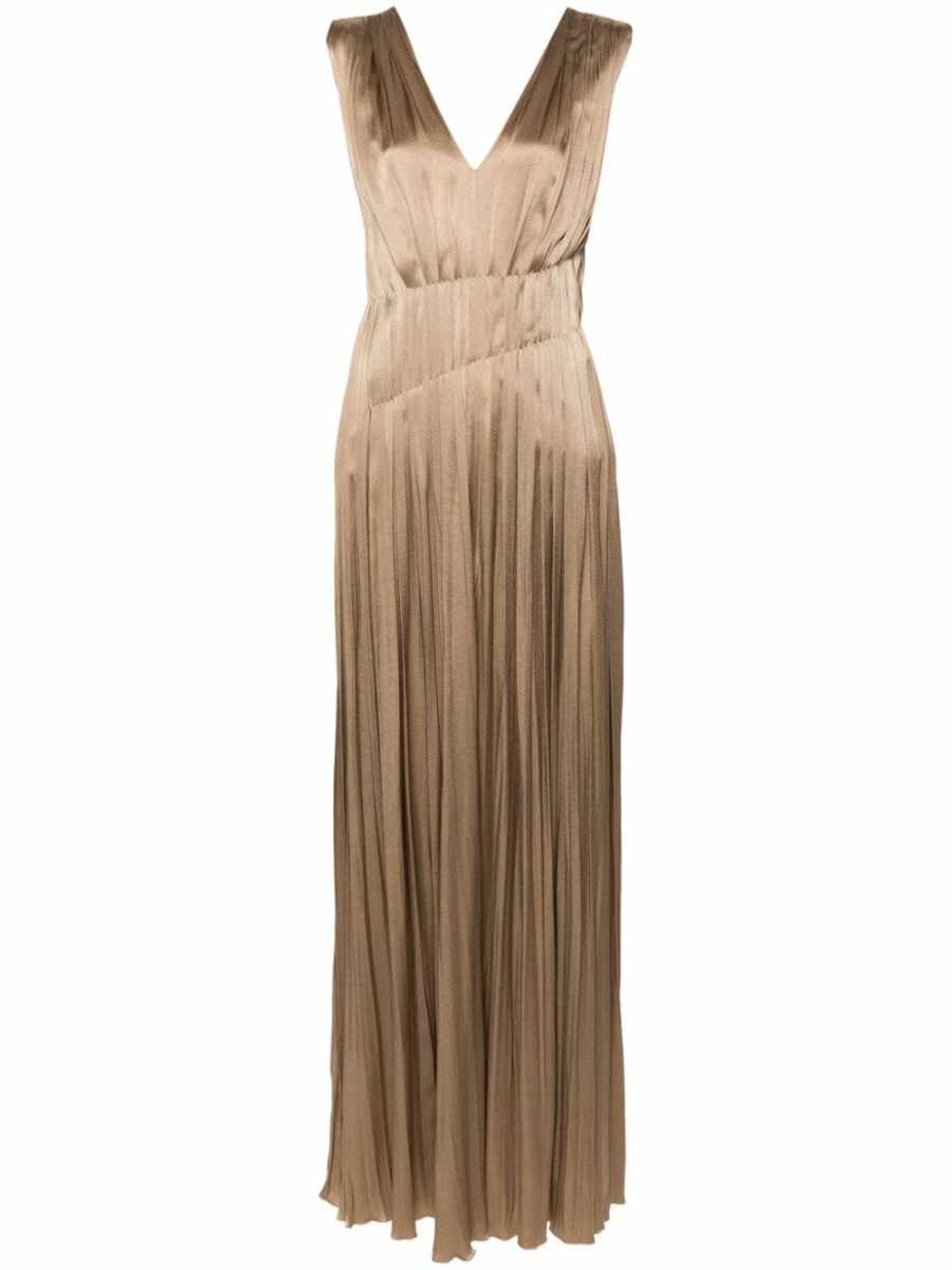 sleeveless pleated satin gown