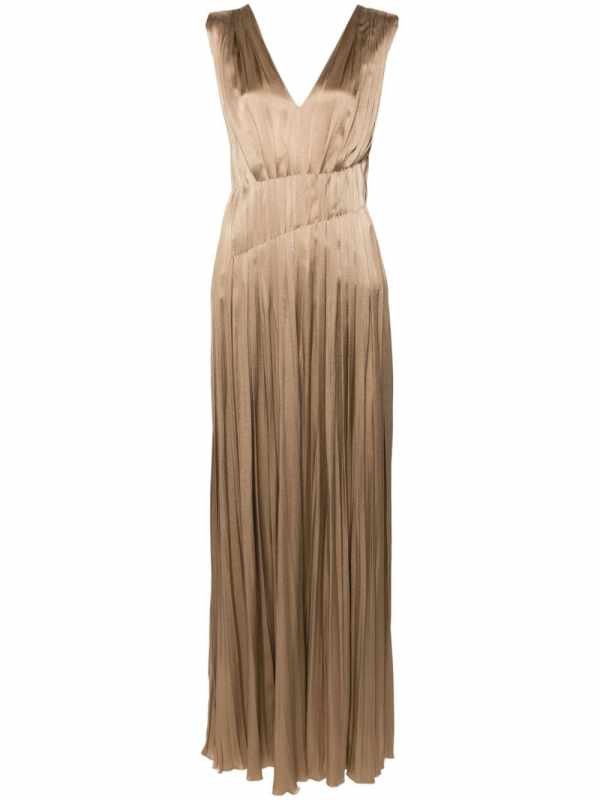 sleeveless pleated satin gown