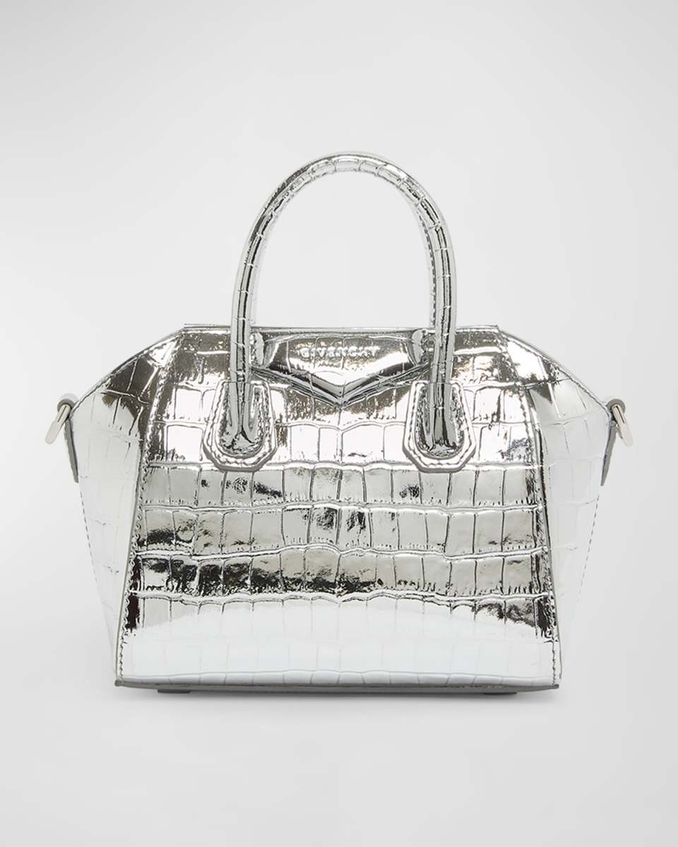 Antigona Toy Top-Handle Bag in Metallic Croc-Embossed Leather
