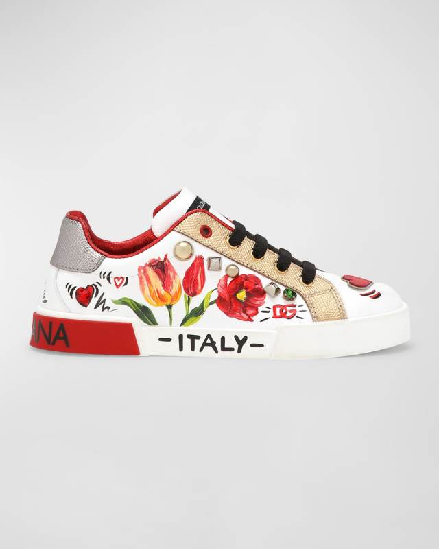 Girl's Bejeweled Logo-Print Leather Sneakers, Kids/Toddlers