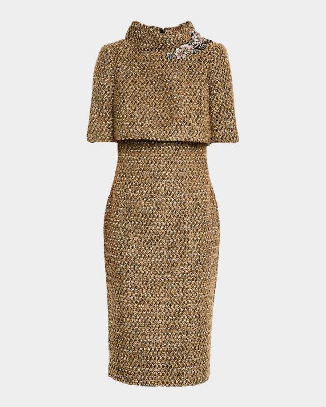 Funnel-Neck Tweed Midi Dress