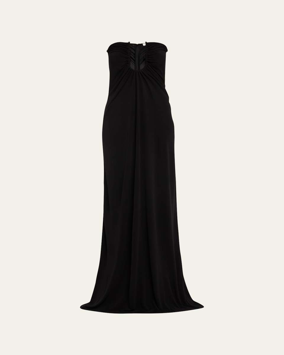 Arced Palm Strapless Ruched U-Ring Column Maxi Dress