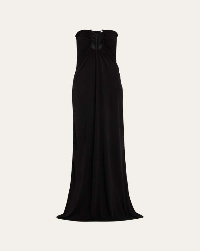 Arced Palm Strapless Ruched U-Ring Column Maxi Dress
