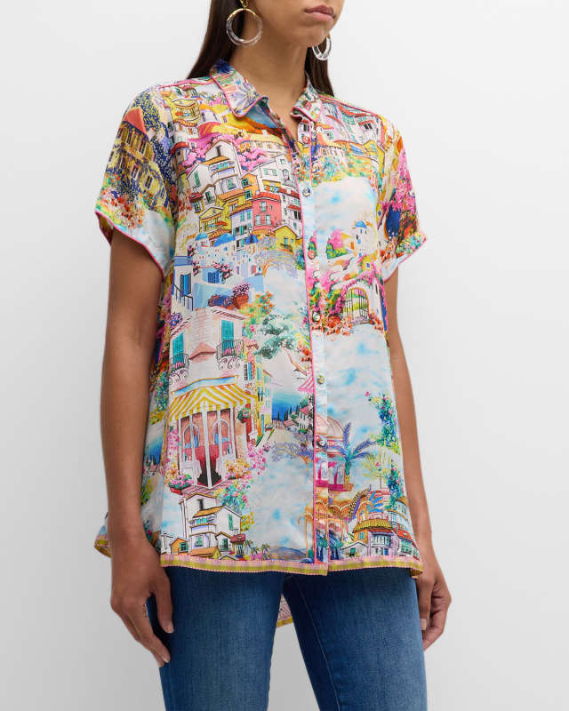 Maddi City-Print High-Low Silk Tunic