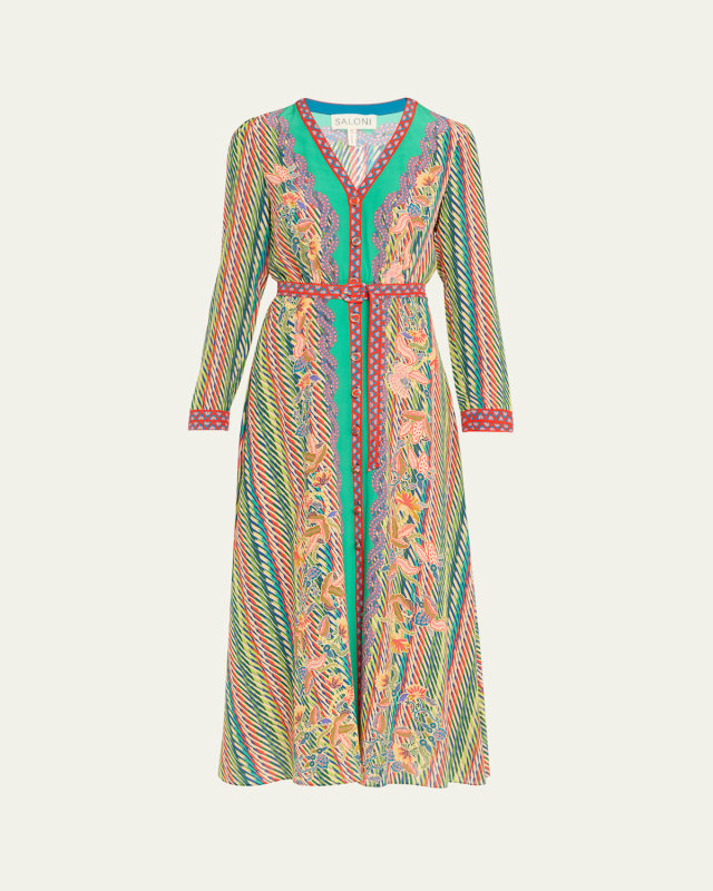 Lea Button-Front Printed Midi Silk Shirtdress