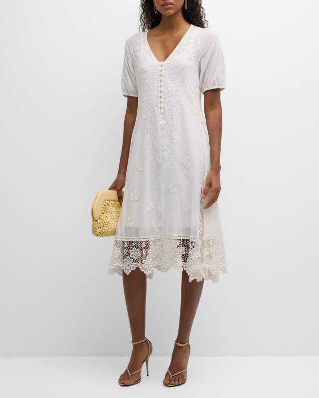 Isabelle Embroidered Lace-Trim Midi Dress