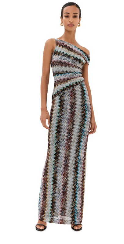 Missoni Long Zigzag Lamé Dress with Asymmetrical Neckline Silver/Black/Pink/Light Blue