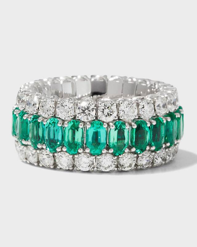 White Gold Xpandable Emerald and Diamond Ring, Size