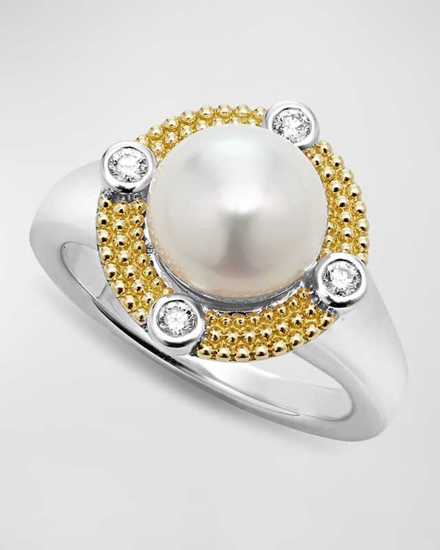 Sterling Silver and 18K Luna Pearl Lux with Diamond Ring, Size