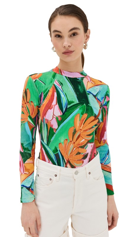 FARM Rio Banana Foliage Multicolor Long Sleeve Thong Bodysuit Banana Foliage Multicolor