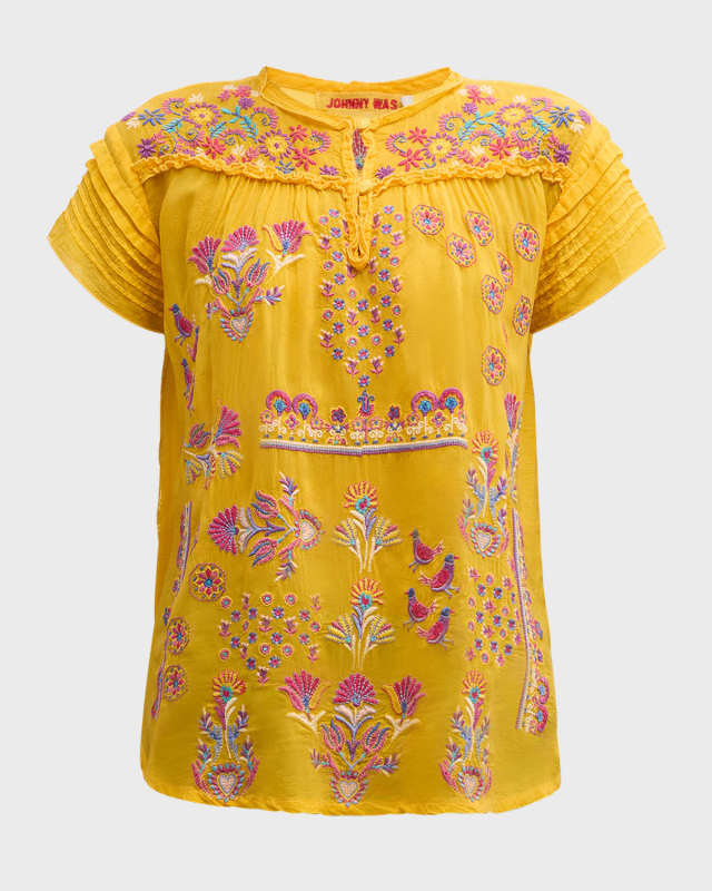 Lafaret Embroidered Ruffle-Trim Blouse