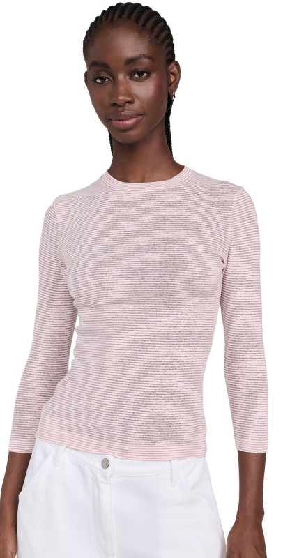 Vince Micro Stripe 3/4 Sleeve Crew Tee Off White/Pink Cloud