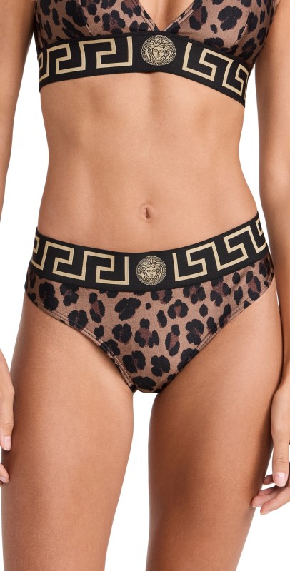 Versace Swim Slip Rodi Lycra Leopard All Over Print Bikini Bottoms 5N440-Chestnut/Gold