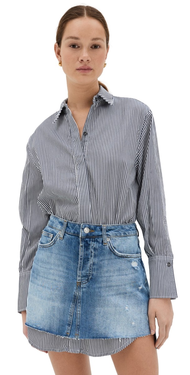 SIMKHAI Eastyn Long Sleeve Denim Combo Mini Dress Midnight Stripe