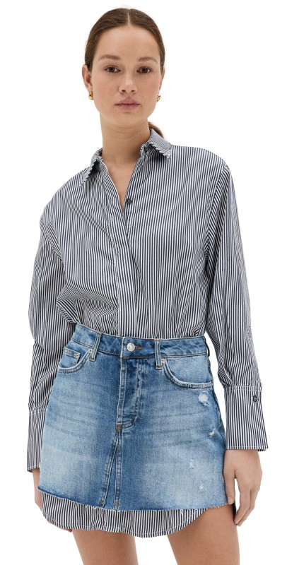 SIMKHAI Eastyn Long Sleeve Denim Combo Mini Dress Midnight Stripe