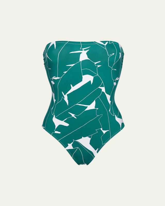 Alligator Palm-Printed One-Piece Strapless Swimsuit