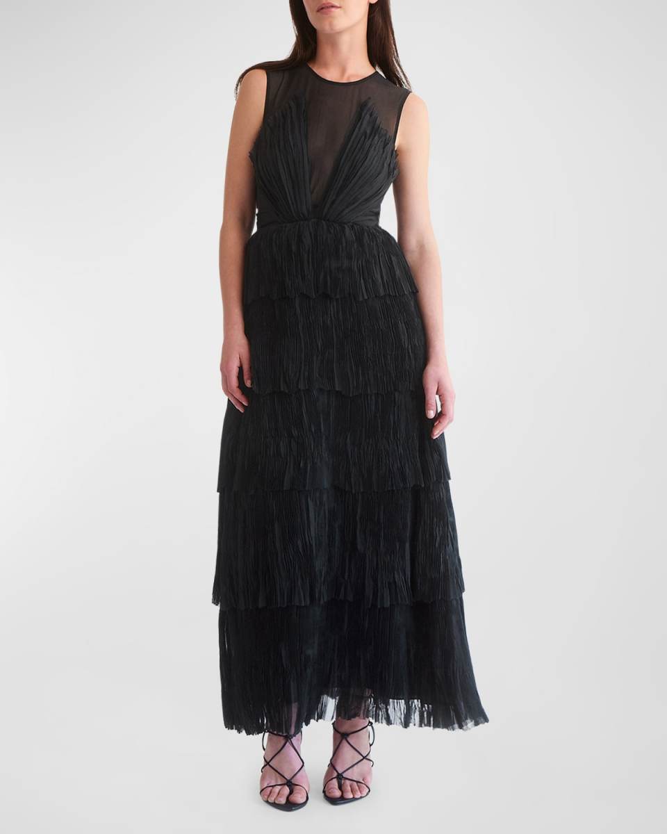 Escapist Tiered Sleeveless Chiffon Illusion Maxi Dress
