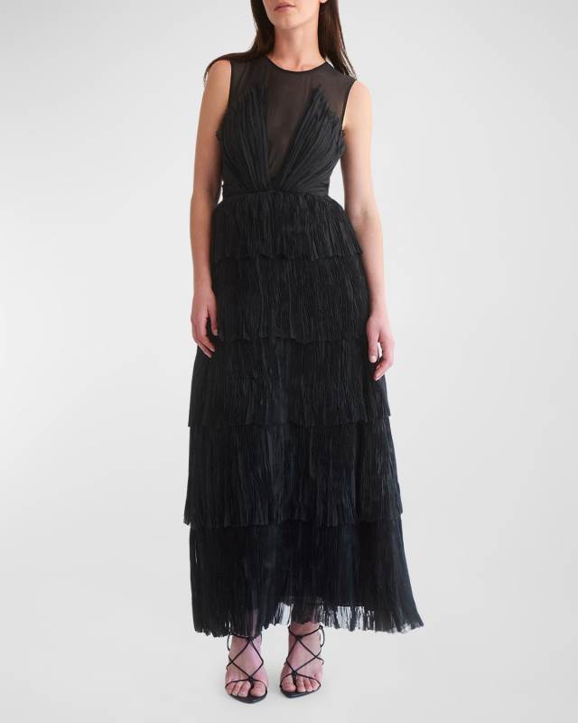 Escapist Tiered Sleeveless Chiffon Illusion Maxi Dress