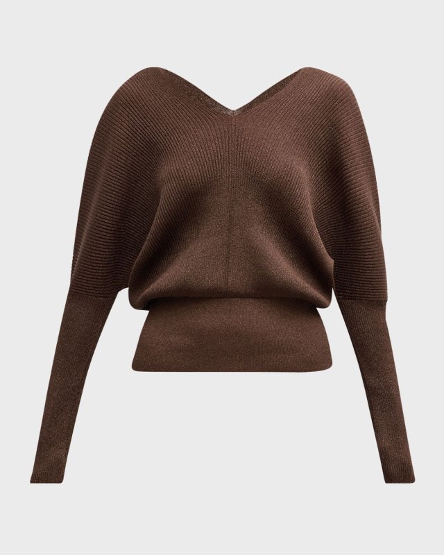 Ribbed Shimmer Dolman-Sleeve Sweater
