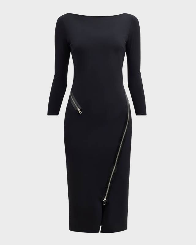 Bateau-Neck Zipper-Trim Bodycon Midi Dress