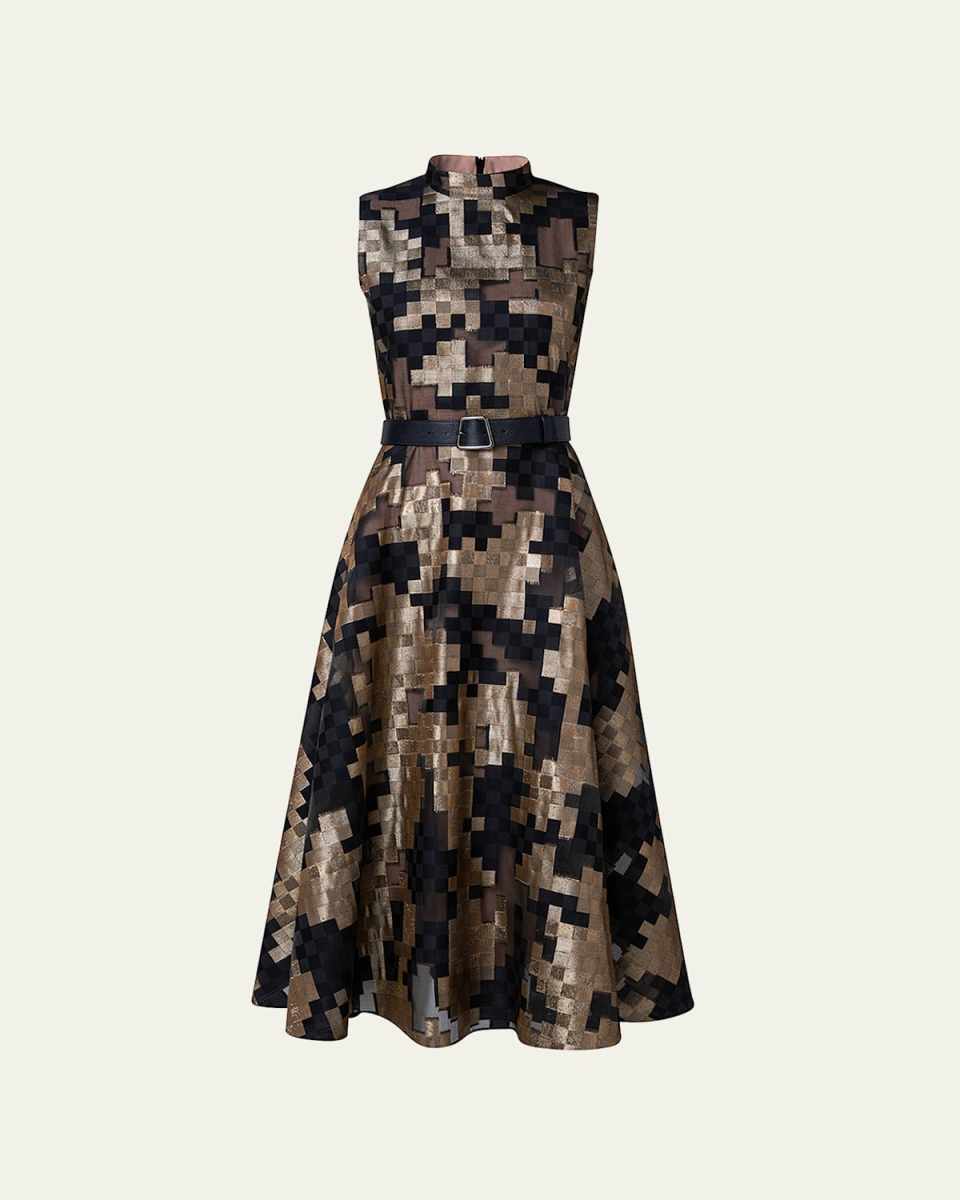 Metallic Abstract Jacquard Belted Midi Dress