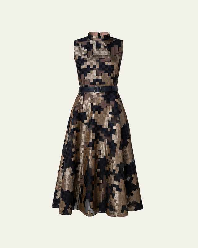 Metallic Abstract Jacquard Belted Midi Dress