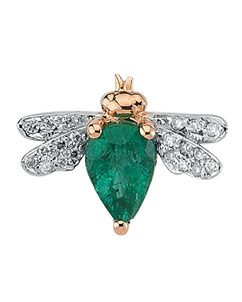 14k Rose Gold Emerald and Diamond Honey Bee Stud Earring, Single