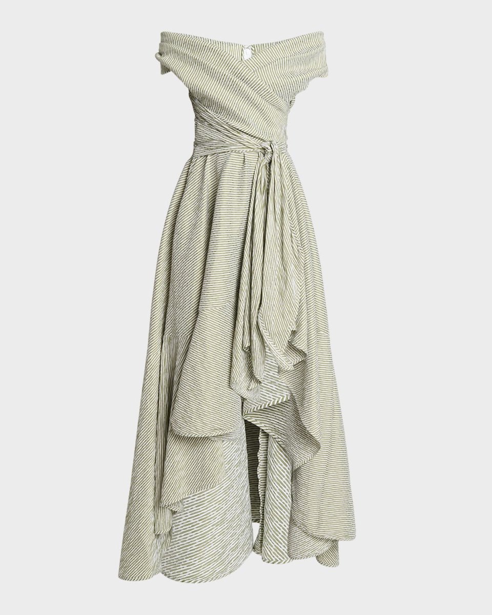 Seersucker Off-The-Shoulder Waist-Tie High-Low Dress