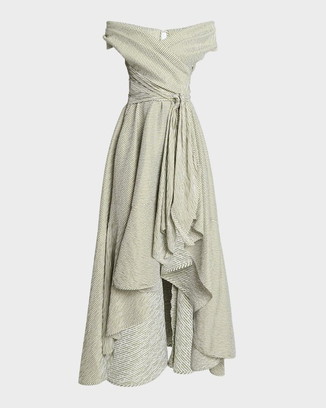 Seersucker Off-The-Shoulder Waist-Tie High-Low Dress