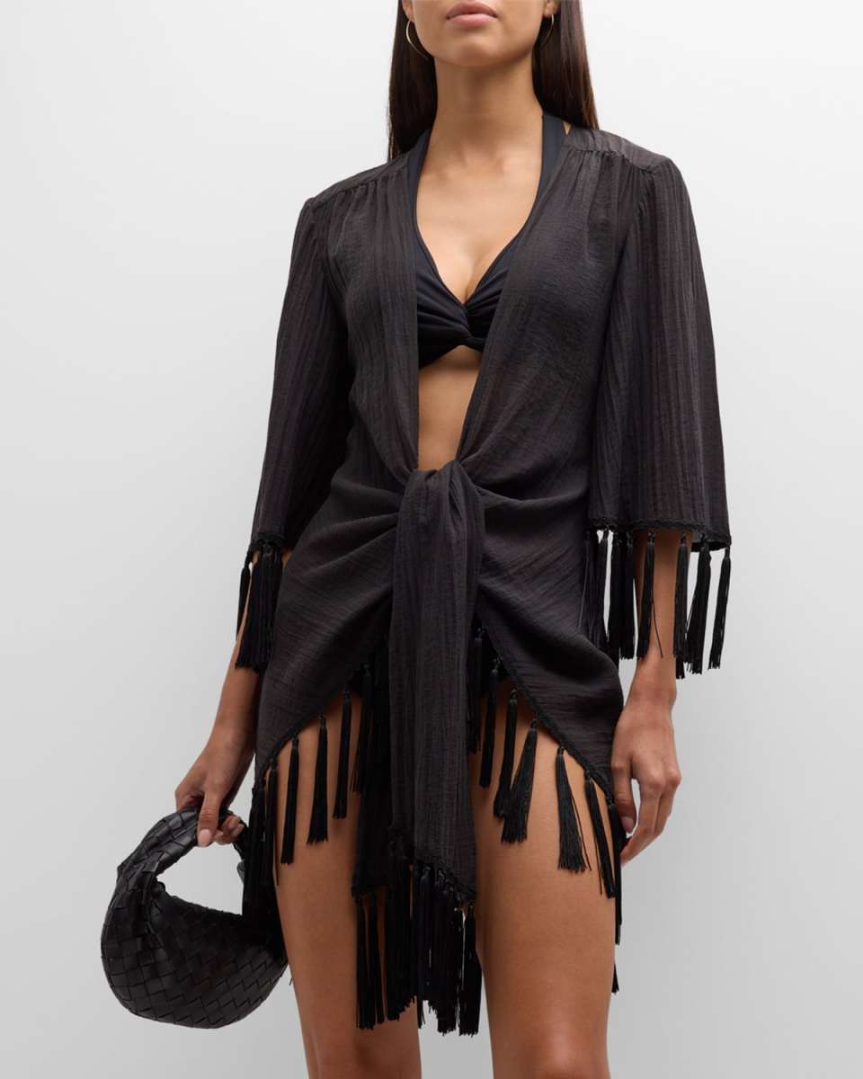 Stefie Crinkled Tassel-Trim Kimono Coverup