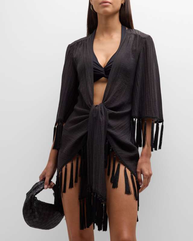 Stefie Crinkled Tassel-Trim Kimono Coverup