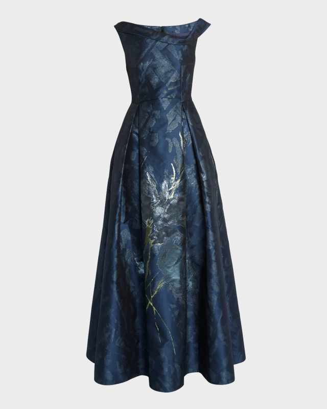 Metallic Bouquet Jacquard Sleeveless Pleated Gown