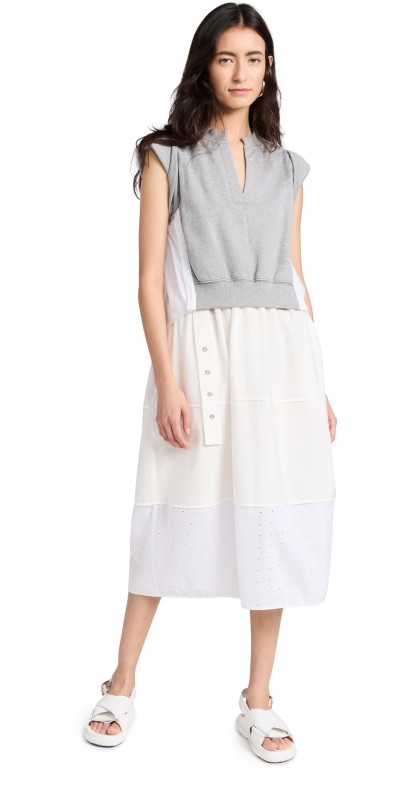 3.1 Phillipim Rolled Sleeve Sweatshirt Dress With Eyelet Voile Combo Grey Melange/Ivory
