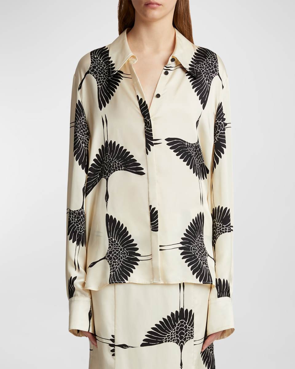 Minta Bird-Print Collared Satin Top