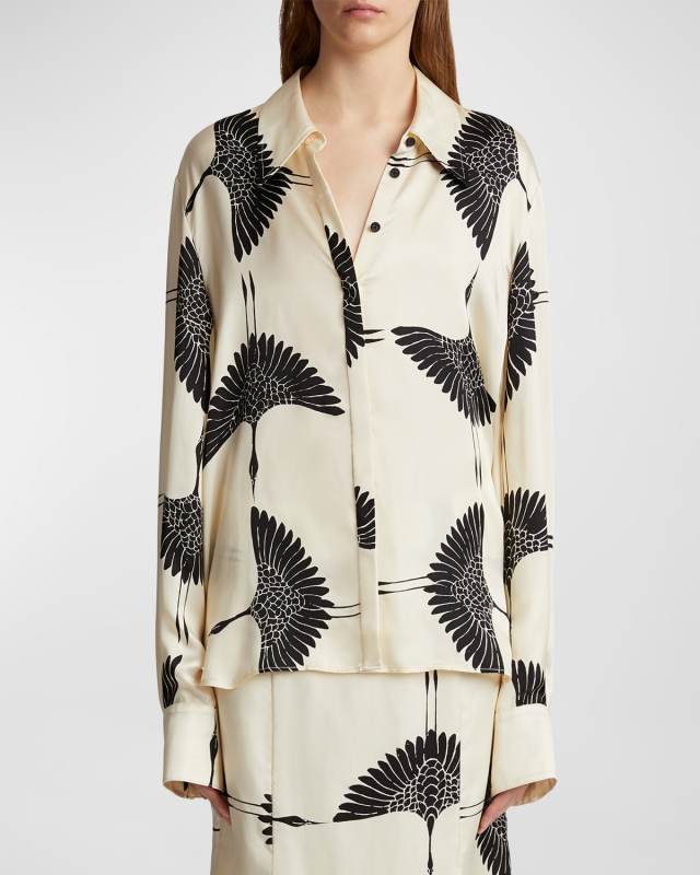 Minta Bird-Print Collared Satin Top