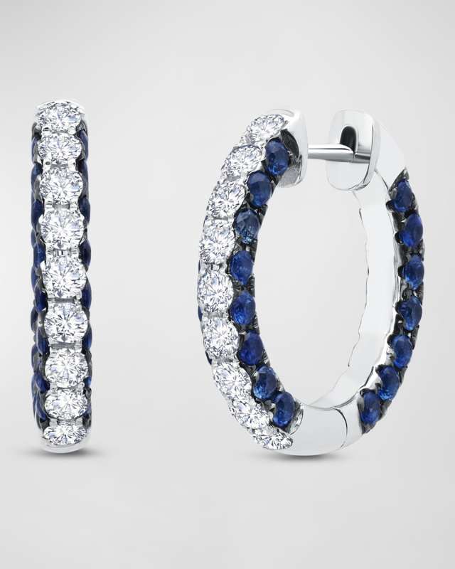 Blue Sapphire and Diamond 3-Sided Hoop Earrings