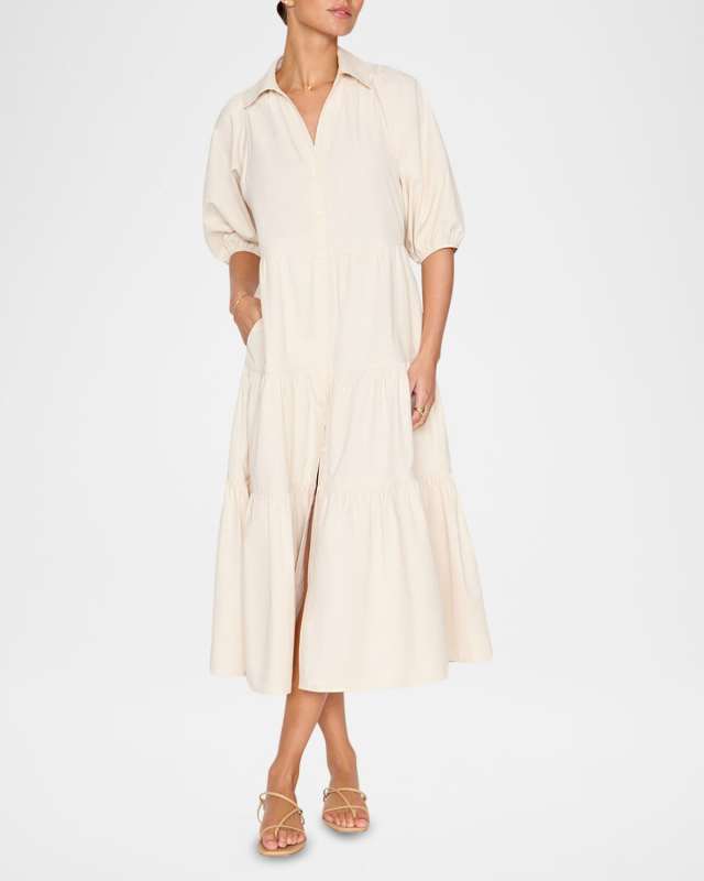 Antigua Tiered Blouson-Sleeve Midi Dress