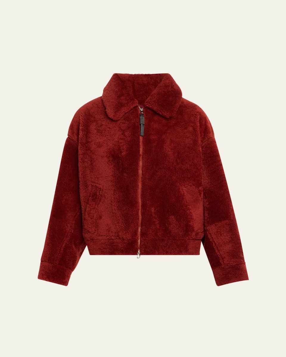 Dyed Shearling Short Jacket with Contrast Monili Zipper