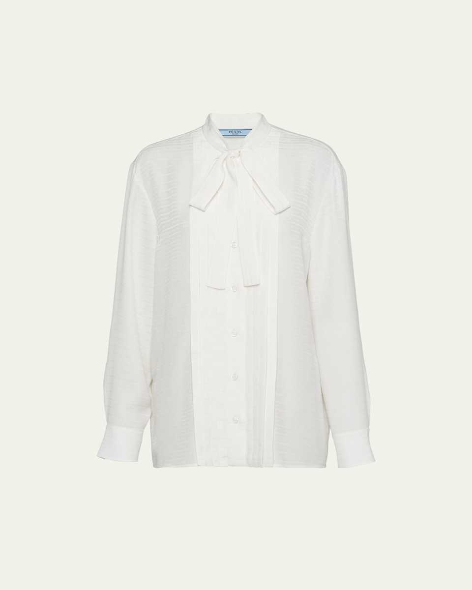 Scarf-Neck Silk Button Up Silk Shirt