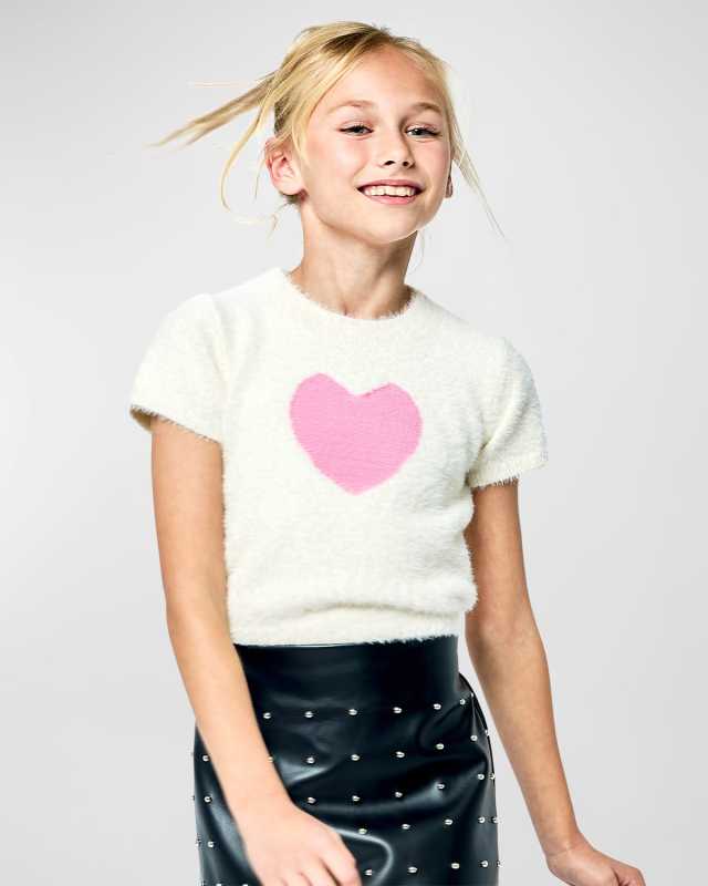 Girl's Heart-Print Fuzzy Top, Size 4-14