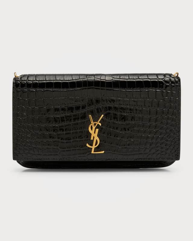 YSL Croc-Embossed Phone Holder Shoulder Bag