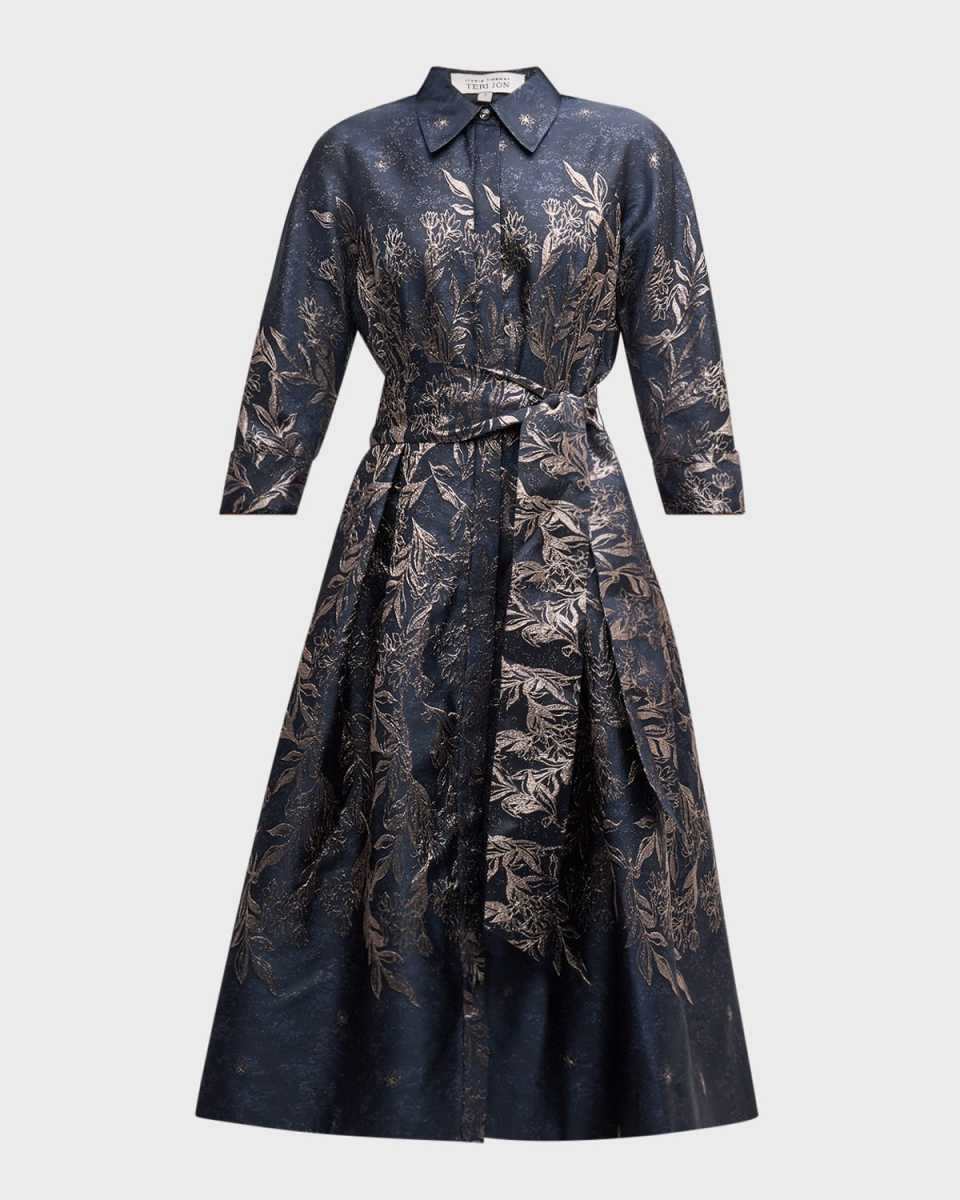 Floral Metallic Jacquard Midi Shirtdress