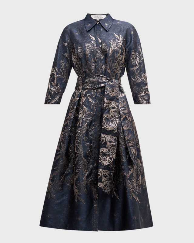 Floral Metallic Jacquard Midi Shirtdress