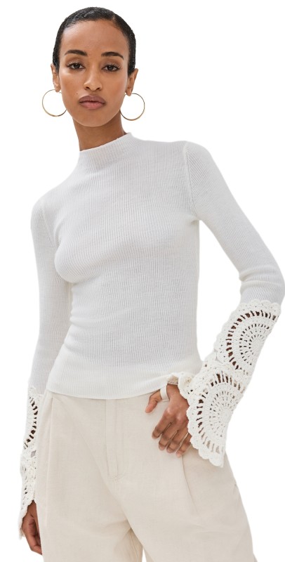Aje Mosaic Crochet Detail Knit Top Ivory