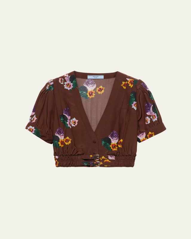 Floral Ponge V-Neck Crop Top