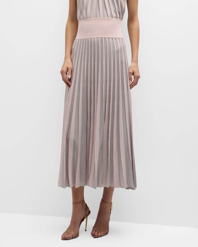 Pleated Striped Side-Slit Midi Skirt