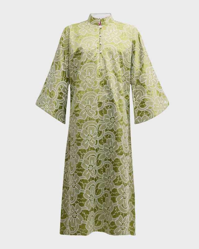 Floral-Embroidered Satin Maxi Caftan