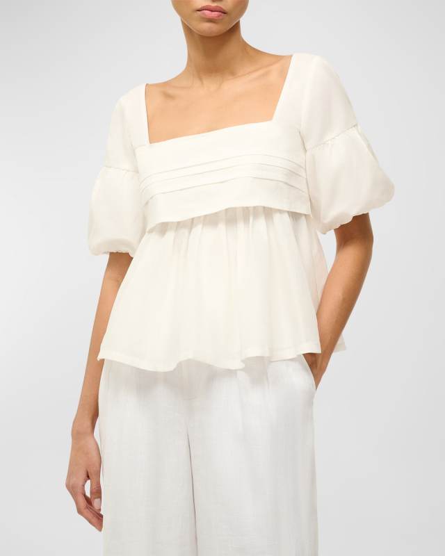 Darla Pintuck Cotton Square-Neck Puff-Sleeve Top